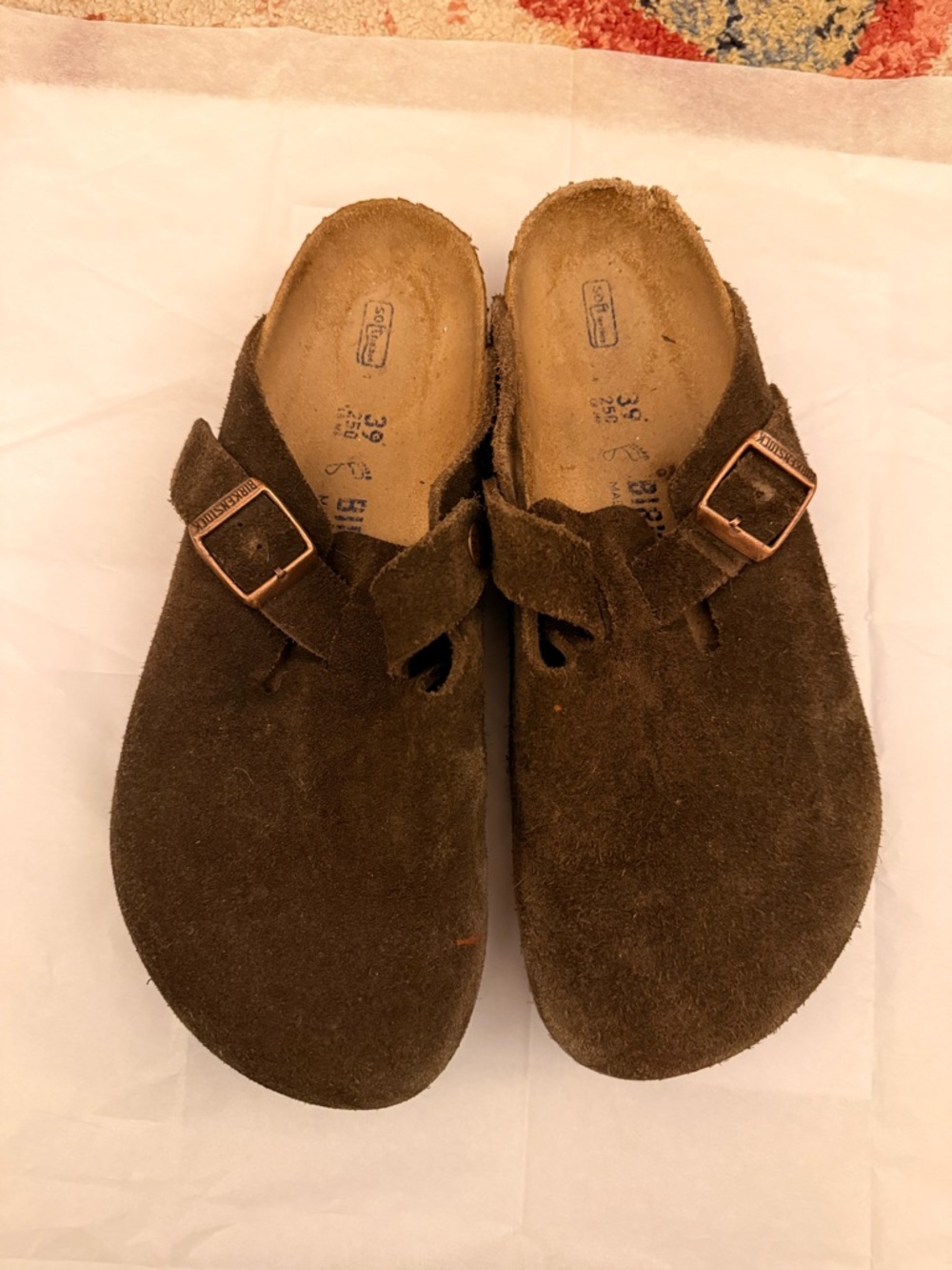 SOLD - Birkenstock Dark Brown Suede Clog Sandals with Copper Buckles
